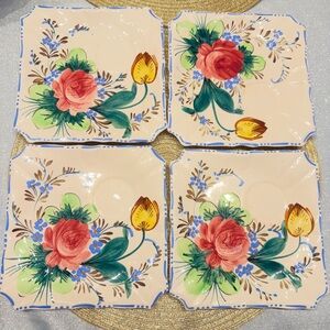 Vintage Italian Majolica Handpainted Nove Rose Floral Plate. Set of 4
